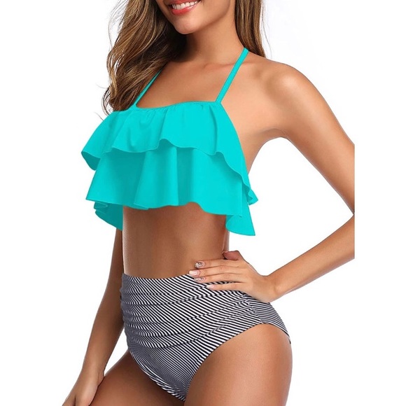 NEW ✨Women's Teal Striped Two Piece Swimsuit + High Waist bottoms - Picture 2 of 3